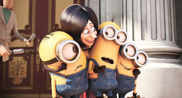 WHO’S THE LADY? Scarlet Overkill, voiced by Sandra Bullock (second left) appears with minions Stuart (left), Kevin and Bob (right) in a scene from the animated feature, “Minions.”