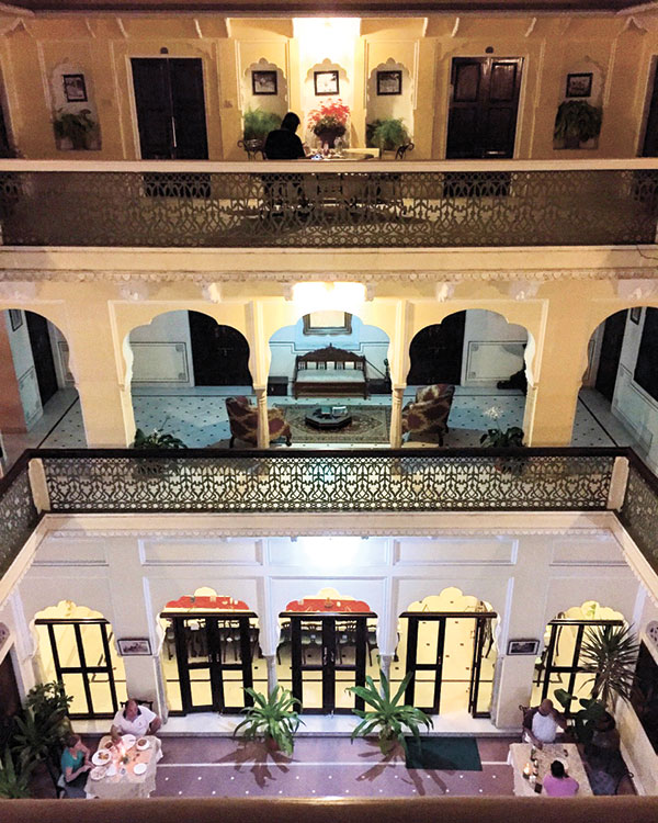Khandela Haveli at night. Our room is that door on the left on the third floor. 